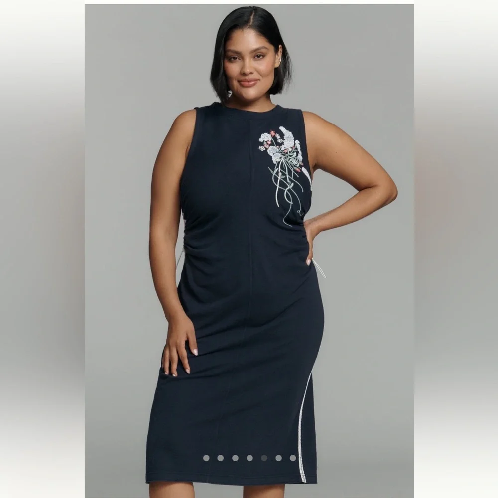 πΌ Anthropologie Daily Practice Navy Sleeveless Floral Embroidered XL Cinch Dress - Picture 8 of 17